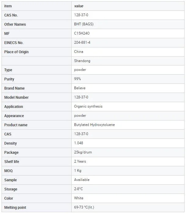 Food Ingredient Antioxidant Butylated Hydroxytoluene (BHT)